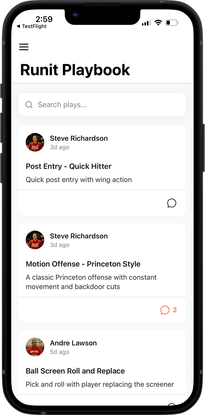Playbook feed showing organized plays